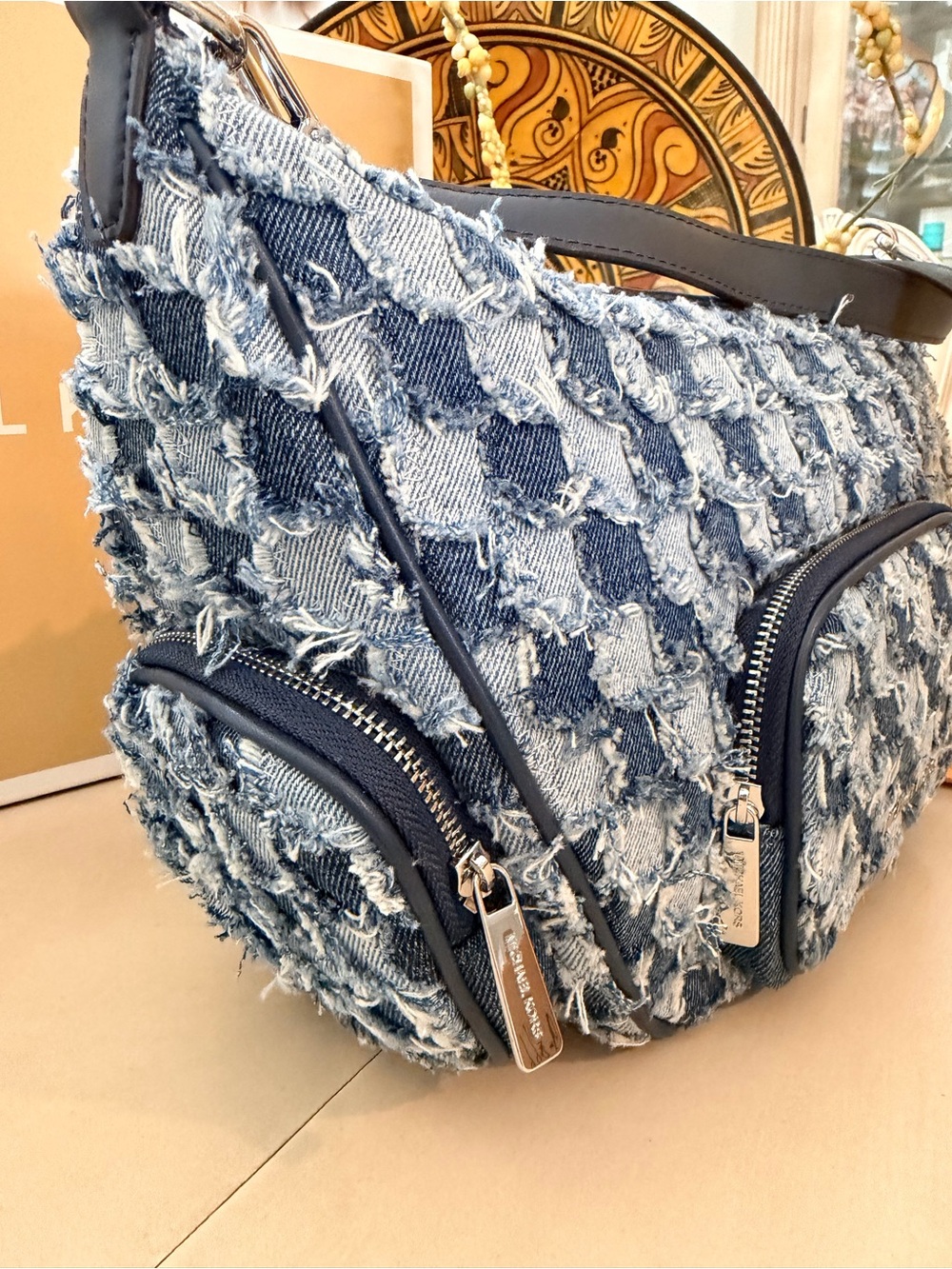 Michael Kors Frayed Denim Patchwork Shoulder Bag in Blue - Picture 7 of 16
